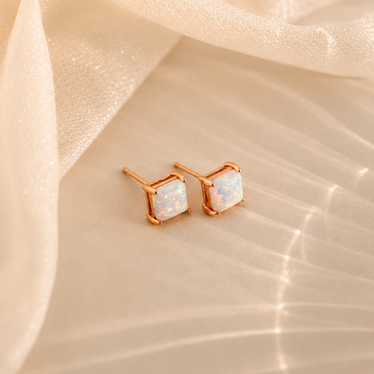 Rose gold earrings with white gemstones on a beige fabric background